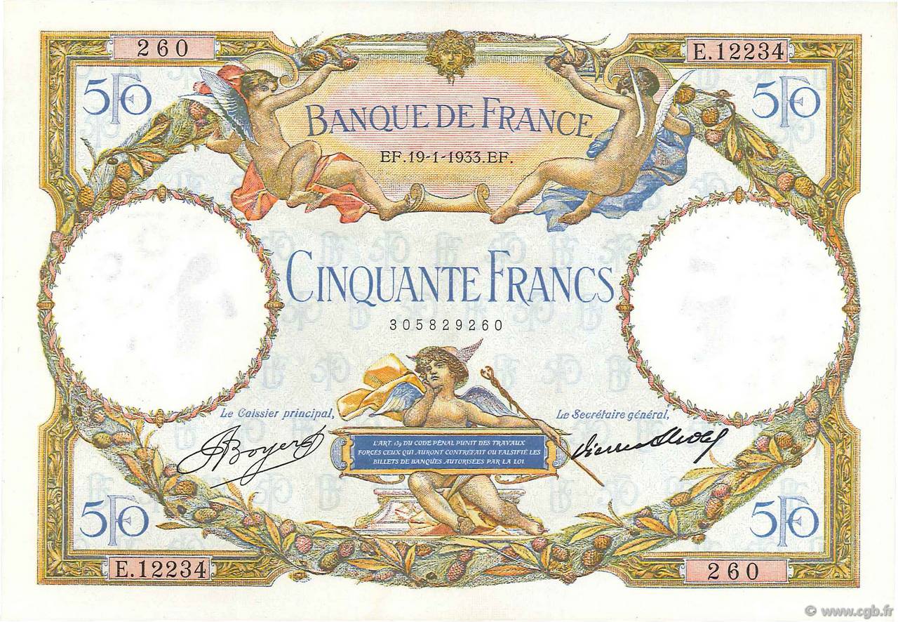 50 Francs LUC OLIVIER MERSON type modifié FRANCIA  1933 F.16.04 SC