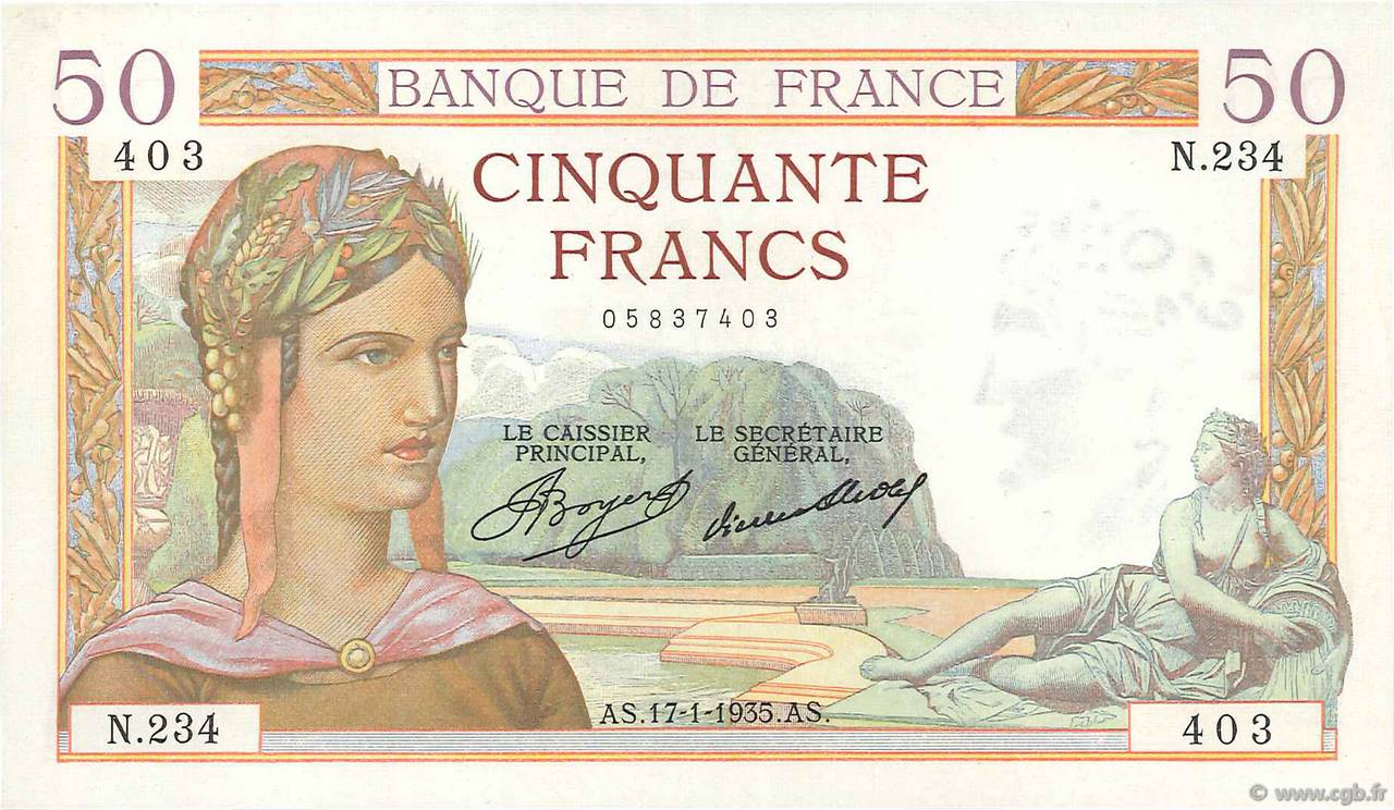 50 Francs CÉRÈS FRANKREICH  1935 F.17.03 fST