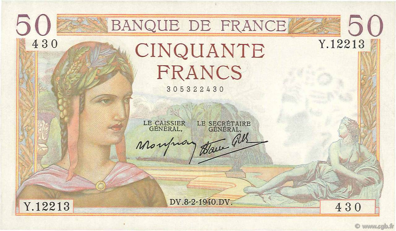 50 Francs CÉRÈS modifié FRANCIA  1940 F.18.38 SPL+