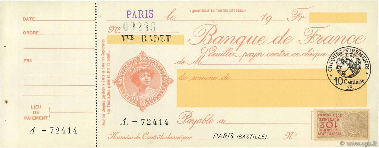 Chèque FRANCE regionalismo e varie  1930 F.- FDC