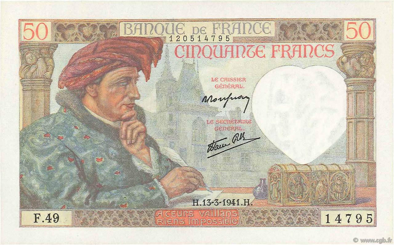 50 Francs JACQUES CŒUR FRANCIA  1941 F.19.07 FDC