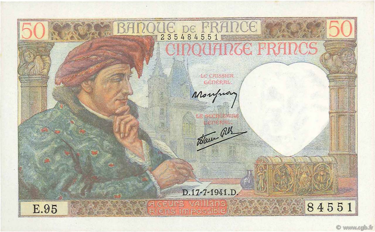 50 Francs JACQUES CŒUR FRANCE  1941 F.19.12 NEUF