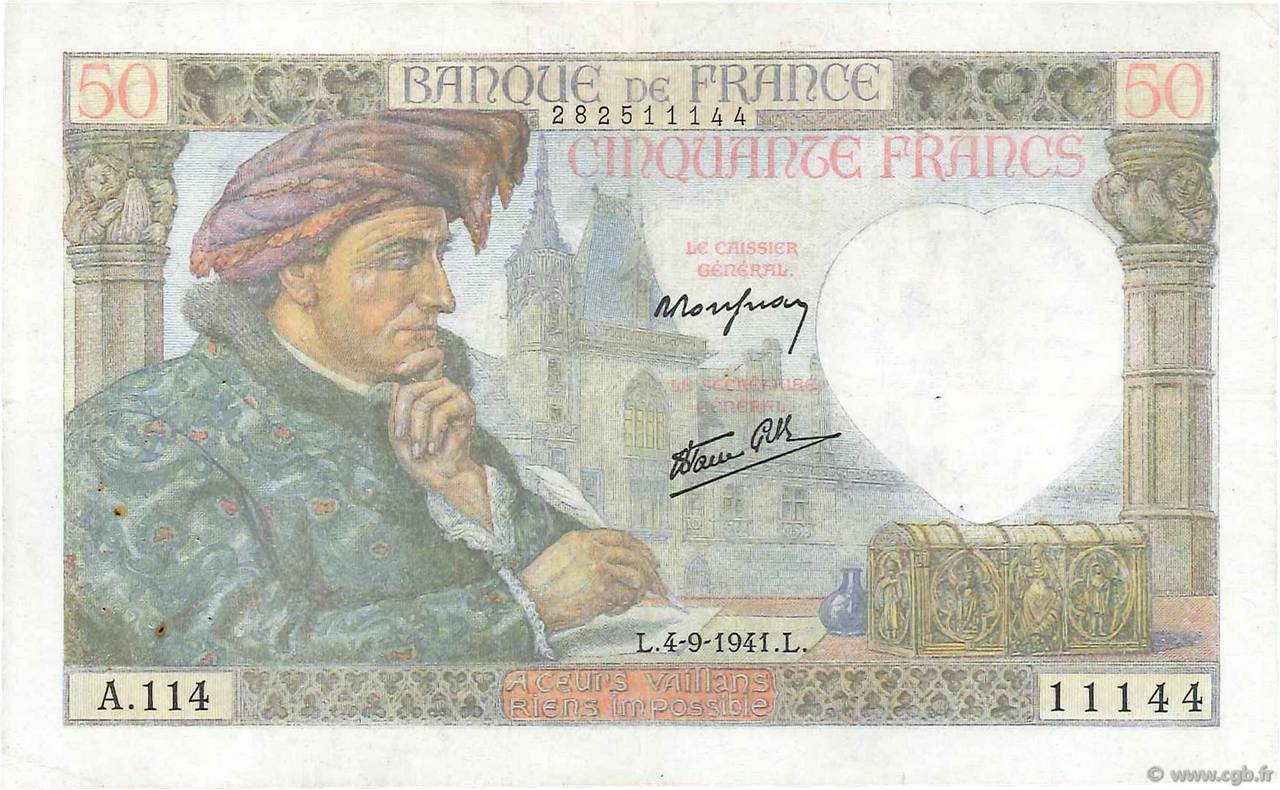 50 Francs JACQUES CŒUR FRANCE  1941 F.19.13 pr.TTB