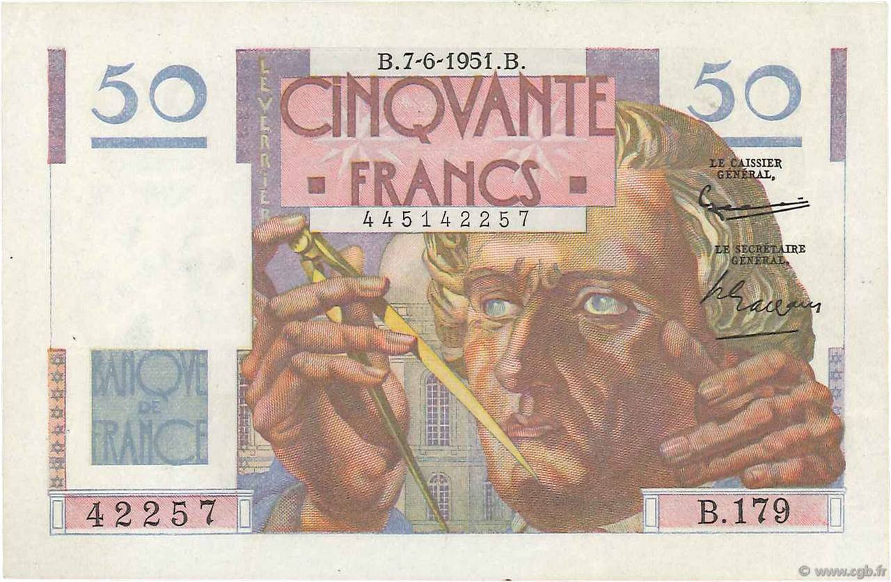 50 Francs LE VERRIER FRANCIA  1951 F.20.18 EBC