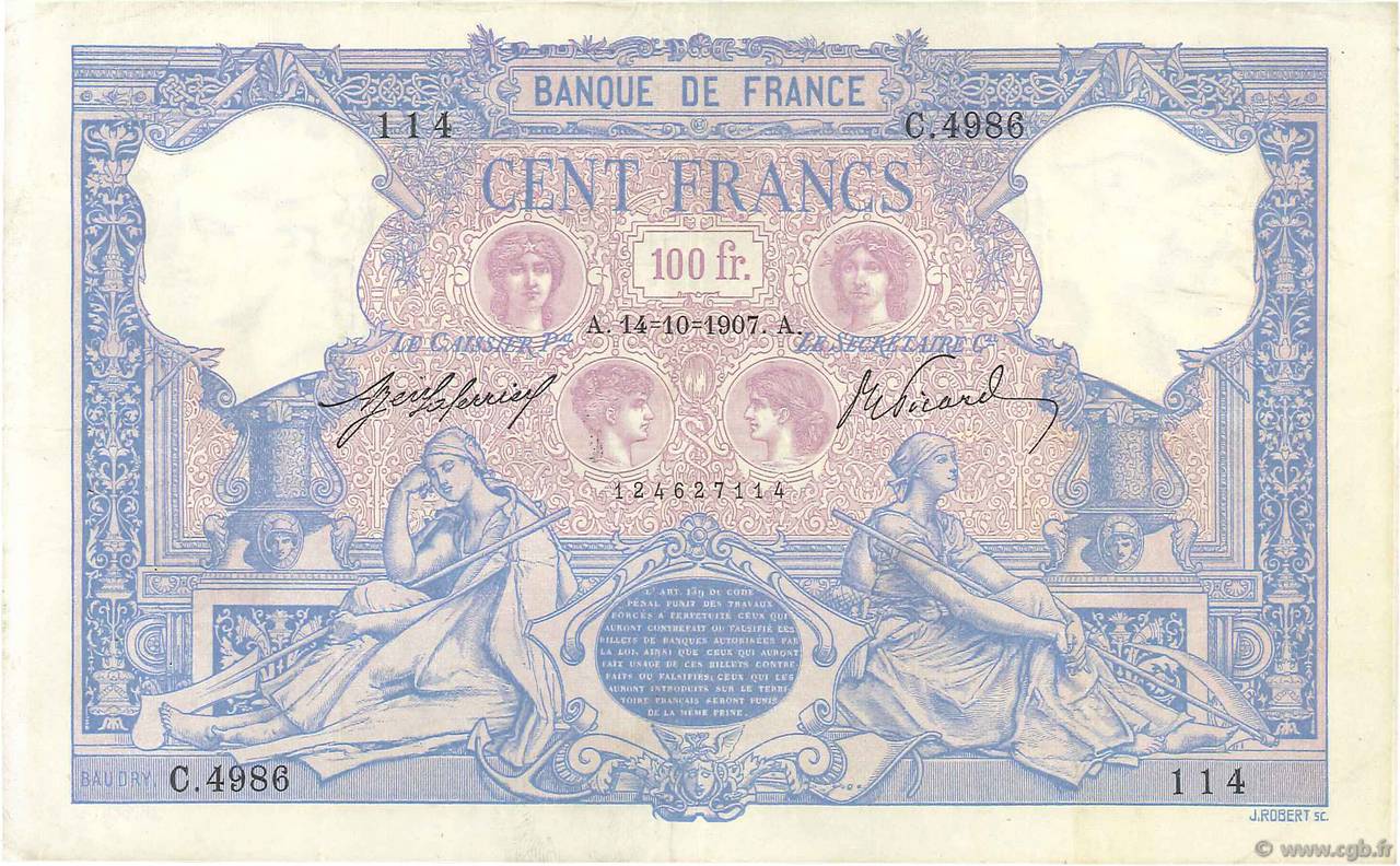 100 Francs BLEU ET ROSE FRANCE  1907 F.21.22 VF+