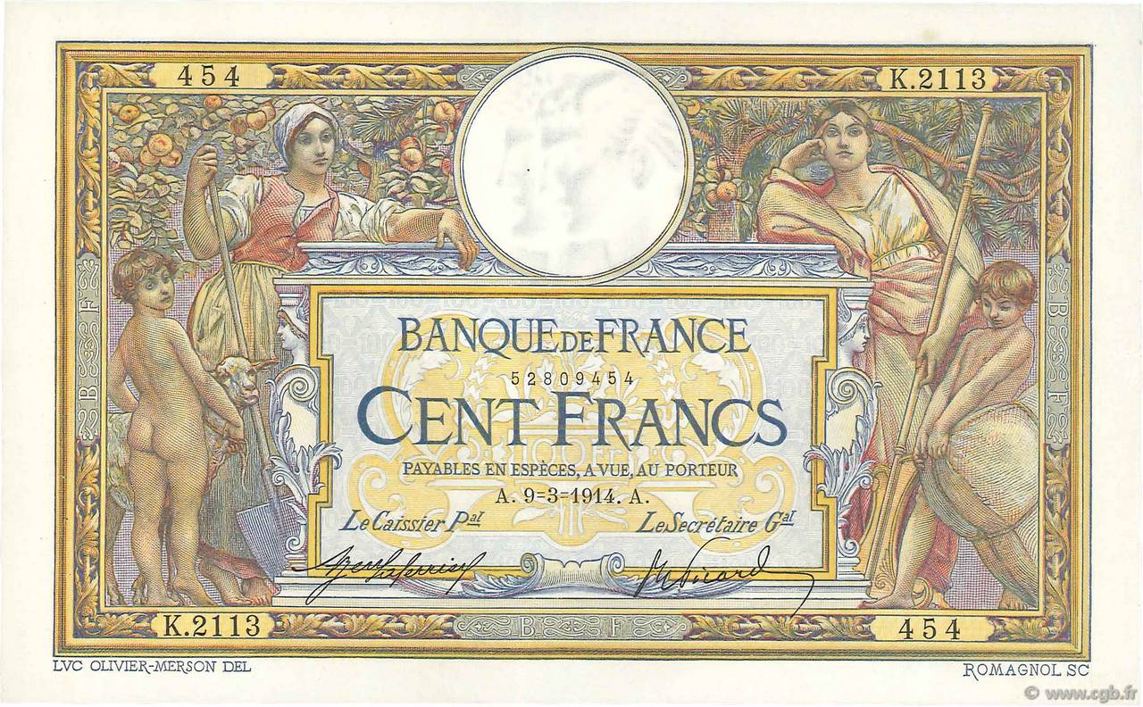100 Francs LUC OLIVIER MERSON sans LOM FRANCIA  1914 F.23.06 q.AU
