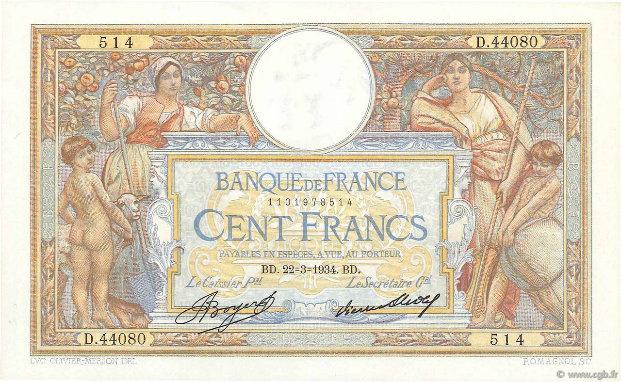 100 Francs LUC OLIVIER MERSON grands cartouches FRANCIA  1934 F.24.13 SC