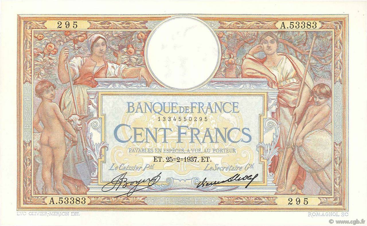 100 Francs LUC OLIVIER MERSON grands cartouches FRANCE  1937 F.24.16 UNC-