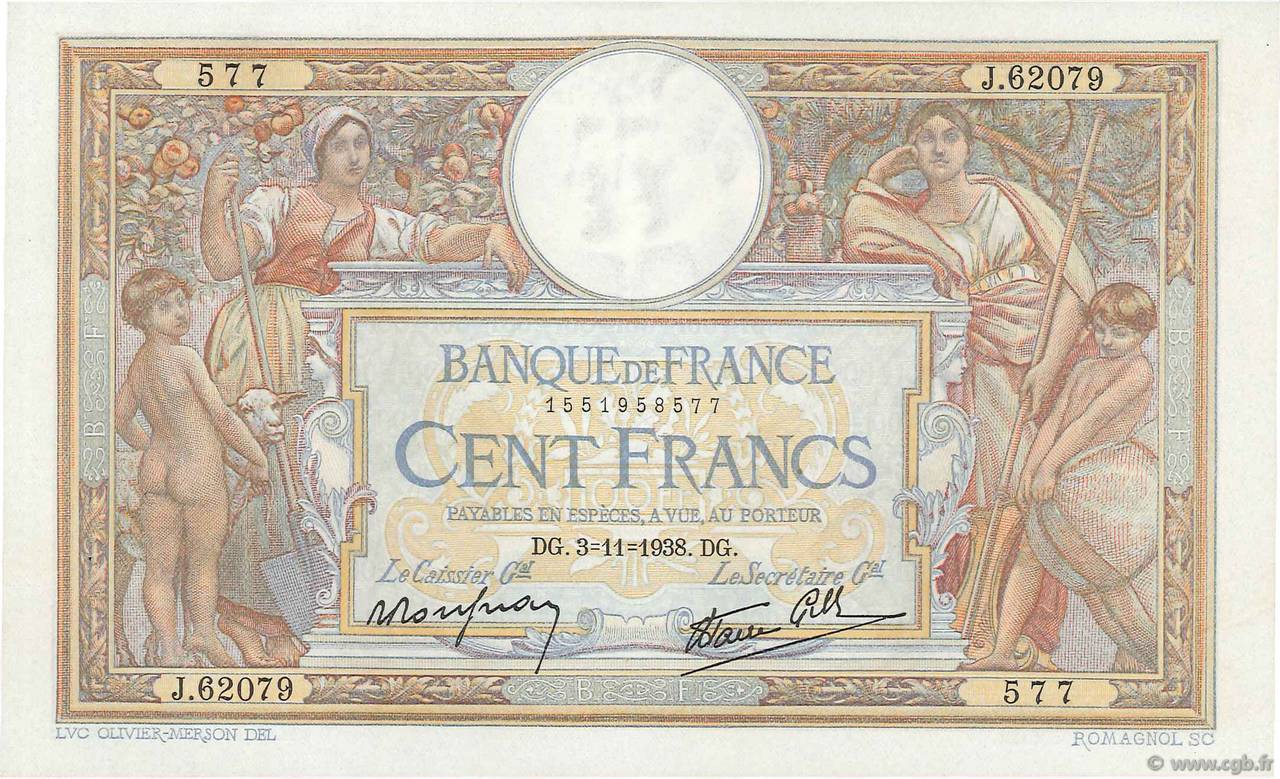 100 Francs LUC OLIVIER MERSON type modifié FRANCE  1938 F.25.34 pr.SPL