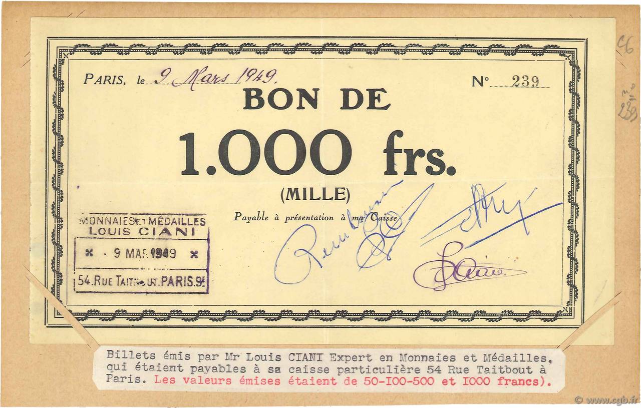 1000 Francs FRANCE Regionalismus und verschiedenen  1949 - VZ