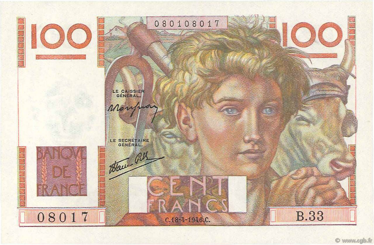 100 Francs JEUNE PAYSAN FRANKREICH  1946 F.28.03 ST