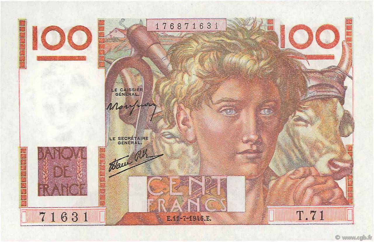 100 Francs JEUNE PAYSAN FRANCE  1946 F.28.06 UNC-