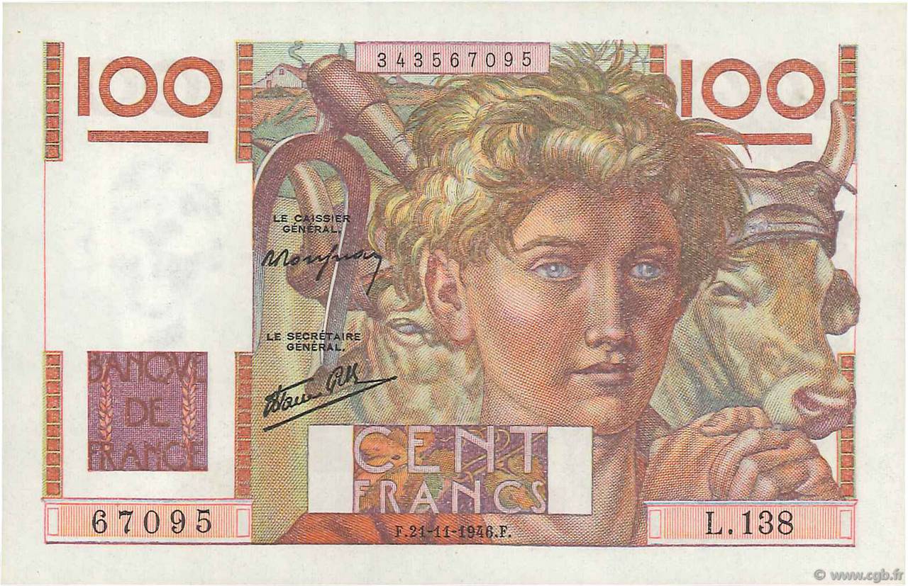100 Francs JEUNE PAYSAN FRANKREICH  1946 F.28.11 ST