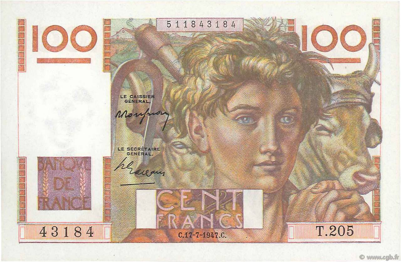 100 Francs JEUNE PAYSAN FRANCIA  1947 F.28.15 FDC