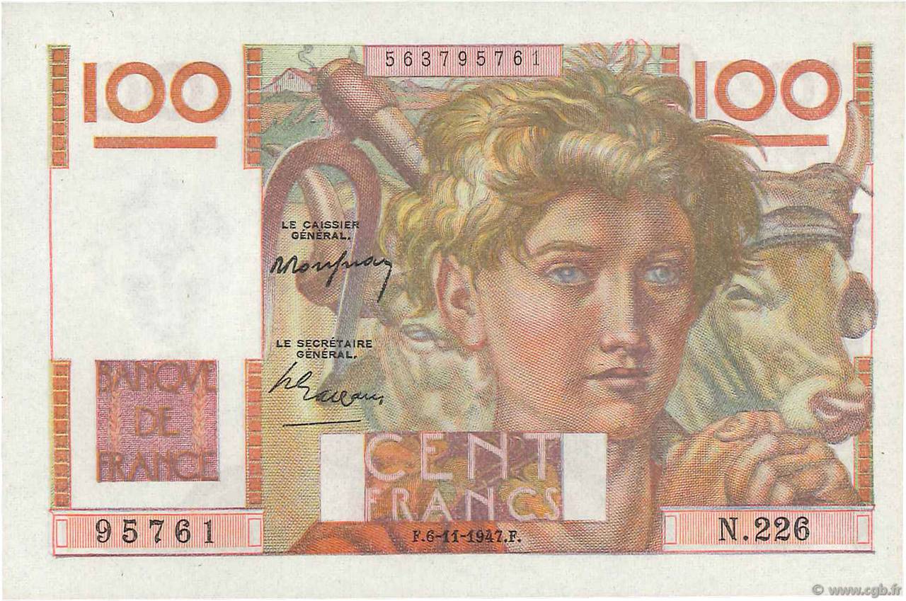 100 Francs JEUNE PAYSAN FRANKREICH  1947 F.28.16 fST+