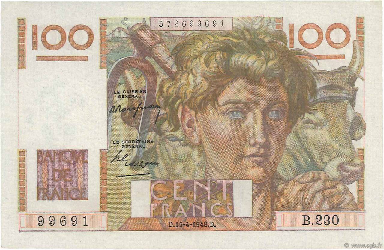 100 Francs JEUNE PAYSAN FRANCE  1948 F.28.17 XF+