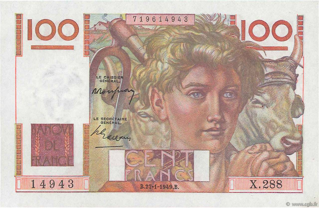100 Francs JEUNE PAYSAN FRANCIA  1949 F.28.21 FDC