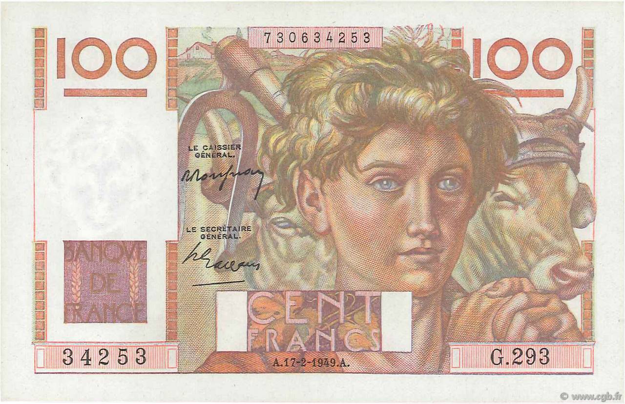 100 Francs JEUNE PAYSAN FRANKREICH  1949 F.28.22 fST