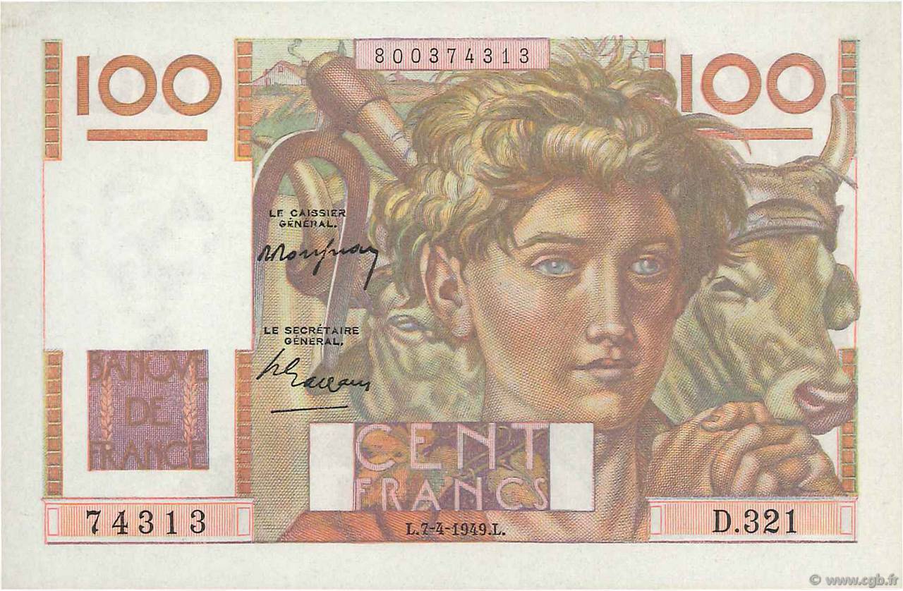 100 Francs JEUNE PAYSAN FRANKREICH  1949 F.28.23 ST