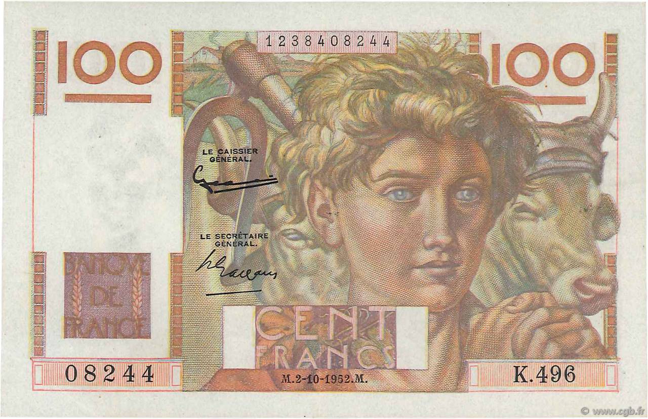100 Francs JEUNE PAYSAN FRANCIA  1952 F.28.34 AU