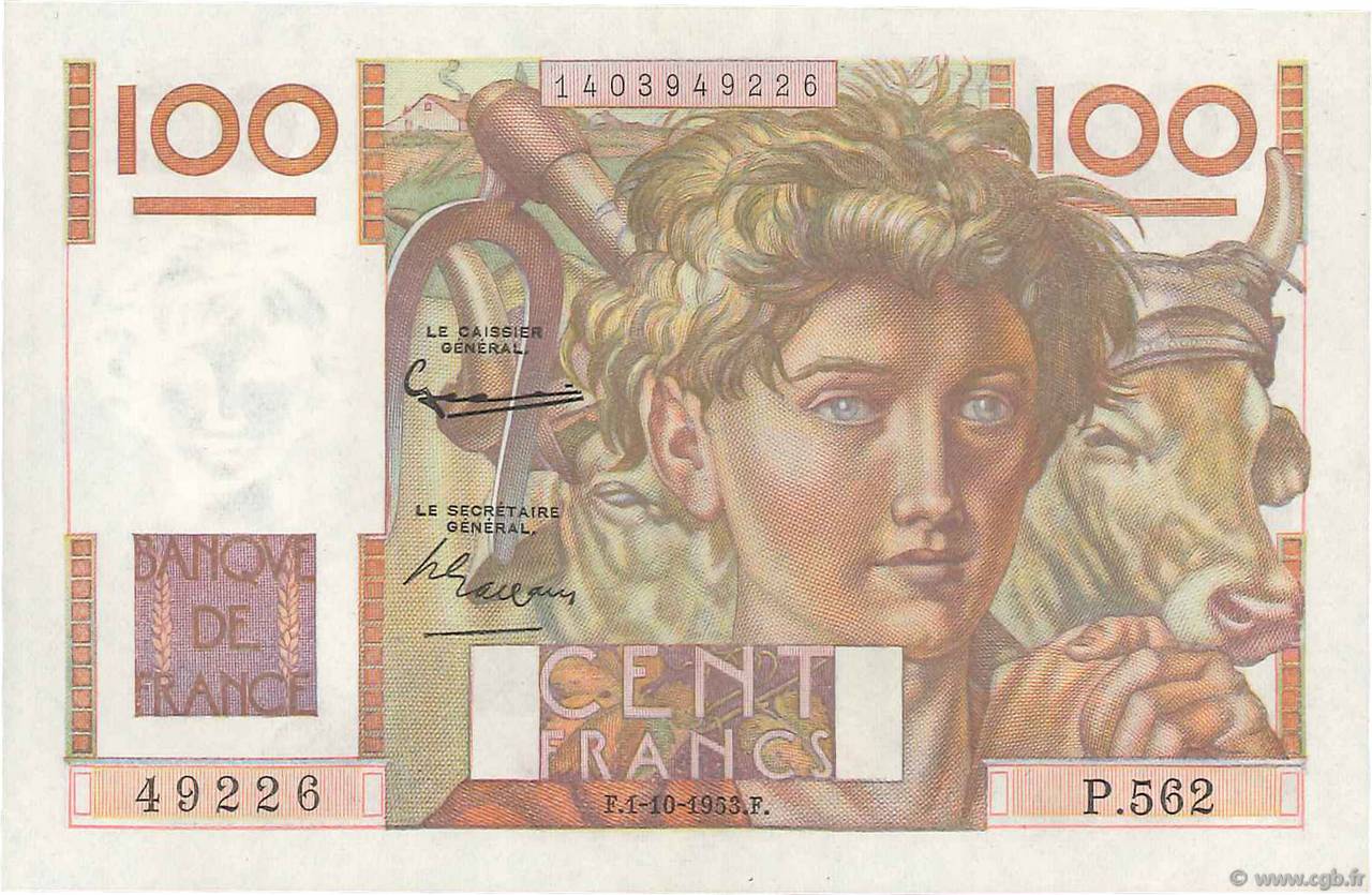 100 Francs JEUNE PAYSAN FRANKREICH  1953 F.28.39 ST