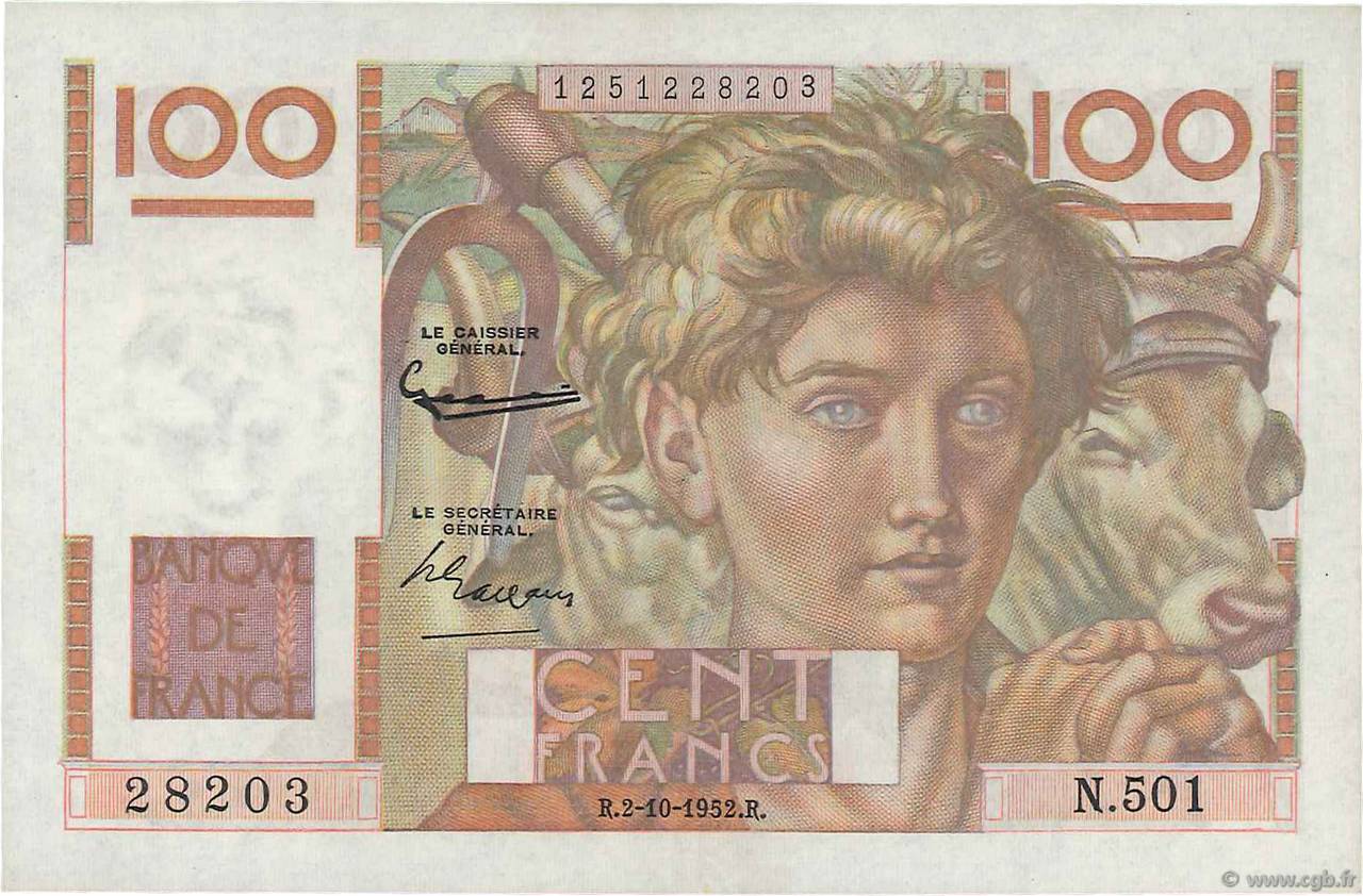 100 Francs JEUNE PAYSAN filigrane inversé FRANCE  1952 F.28bis.01 UNC