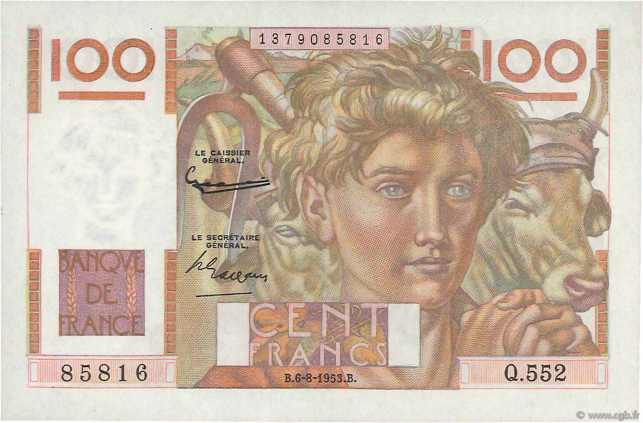 100 Francs JEUNE PAYSAN filigrane inversé FRANCE  1952 F.28bis.02 UNC