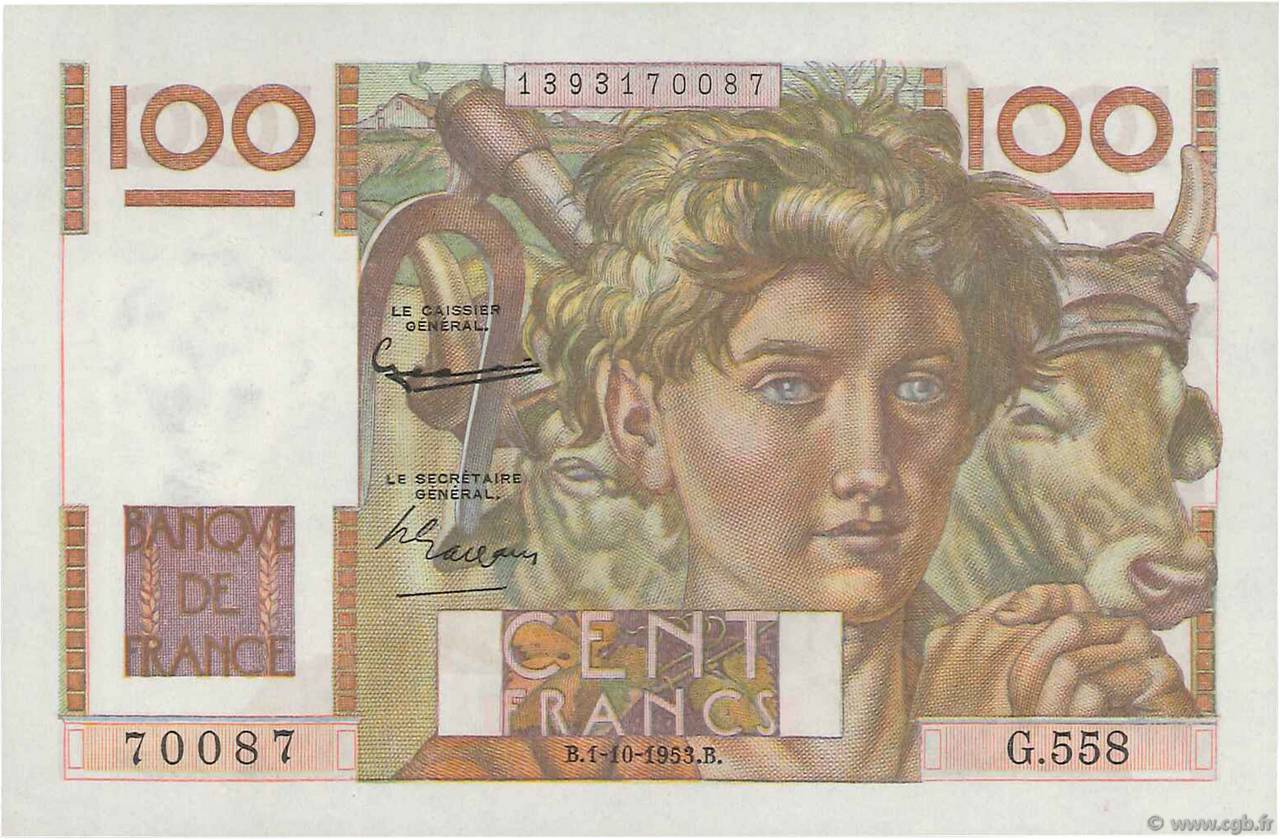 100 Francs JEUNE PAYSAN filigrane inversé FRANCE  1953 F.28bis.03 AU