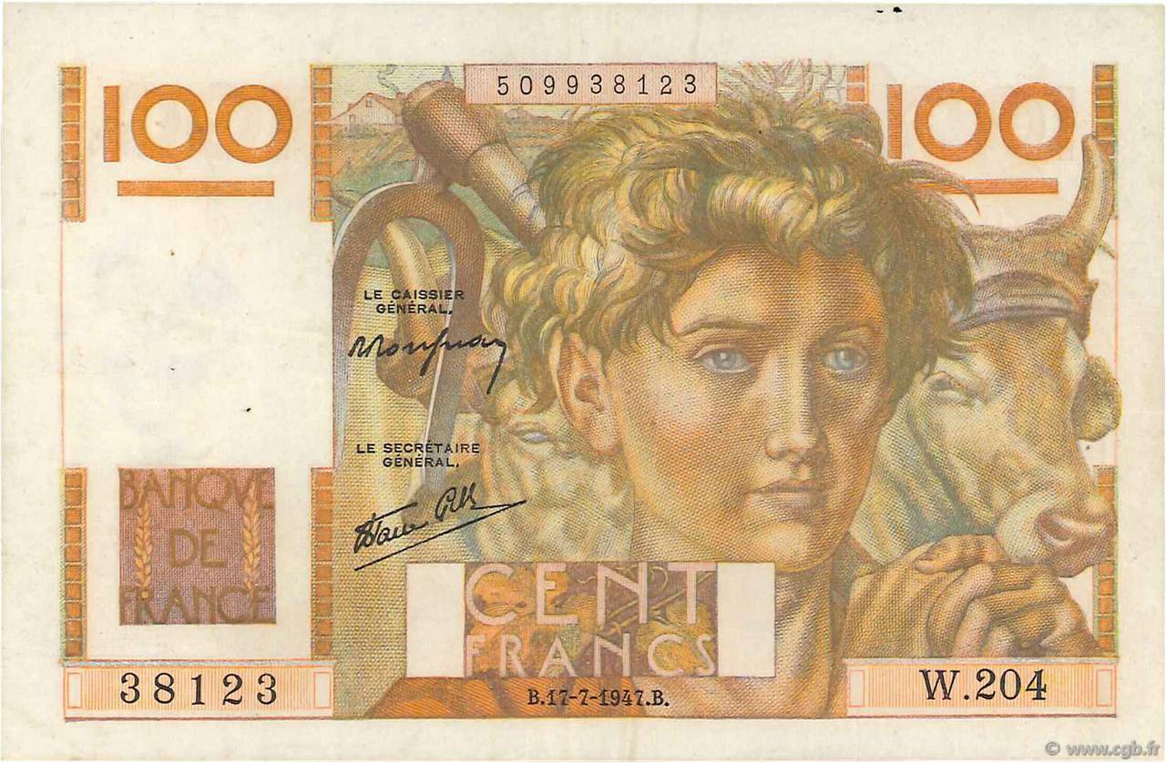 100 Francs JEUNE PAYSAN Favre-Gilly FRANCIA  1947 F.28ter.02 MBC