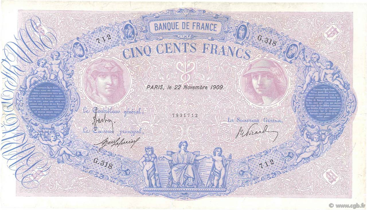 500 Francs BLEU ET ROSE FRANCIA  1909 F.30.17 BC