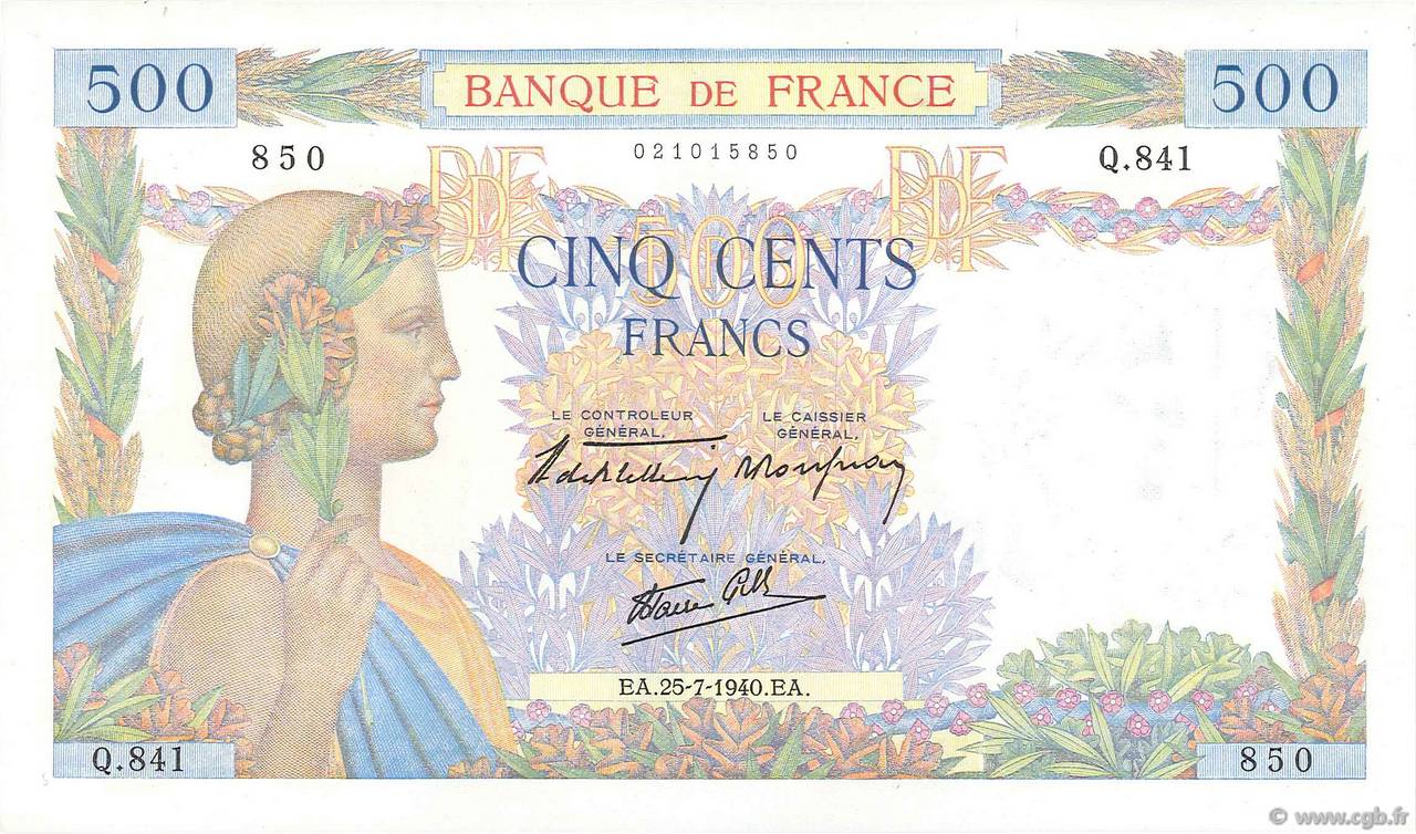 500 Francs LA PAIX FRANCE  1940 F.32.05 UNC