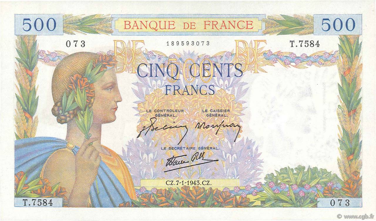 500 Francs LA PAIX FRANCIA  1943 F.32.44 AU