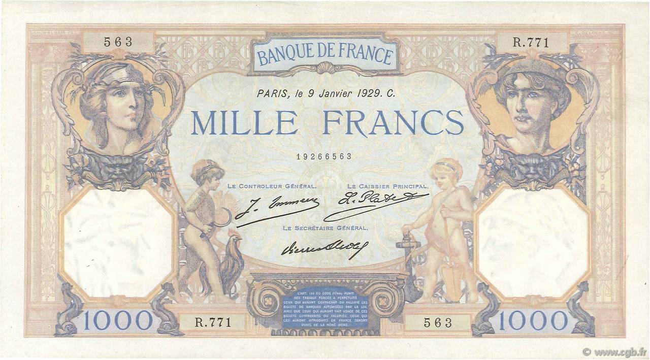 1000 Francs CÉRÈS ET MERCURE FRANCE  1929 F.37.03 VF+
