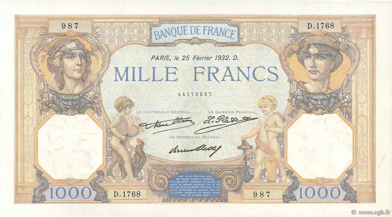 1000 Francs CÉRÈS ET MERCURE FRANKREICH  1932 F.37.07 fST