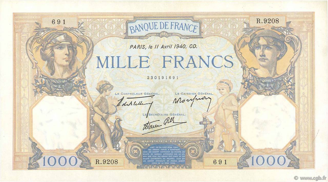 1000 Francs CÉRÈS ET MERCURE type modifié FRANCIA  1940 F.38.45 AU+