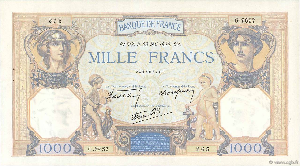 1000 Francs CÉRÈS ET MERCURE type modifié FRANKREICH  1940 F.38.47 fST