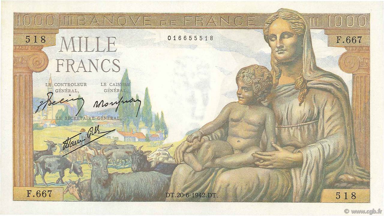 1000 Francs DÉESSE DÉMÉTER FRANCE  1942 F.40.03 UNC