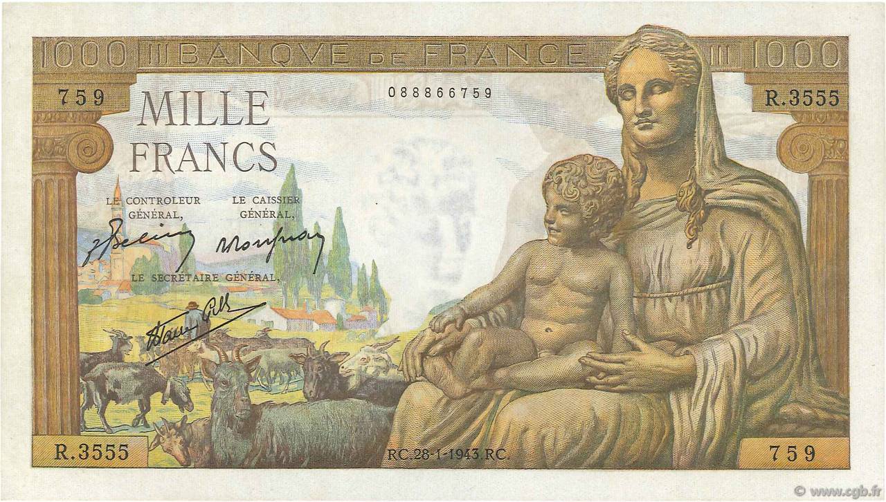 1000 Francs DÉESSE DÉMÉTER FRANKREICH  1943 F.40.17 ST