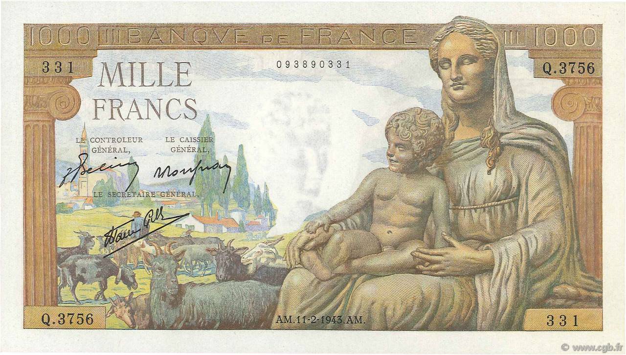 1000 Francs DÉESSE DÉMÉTER FRANCIA  1943 F.40.18 FDC