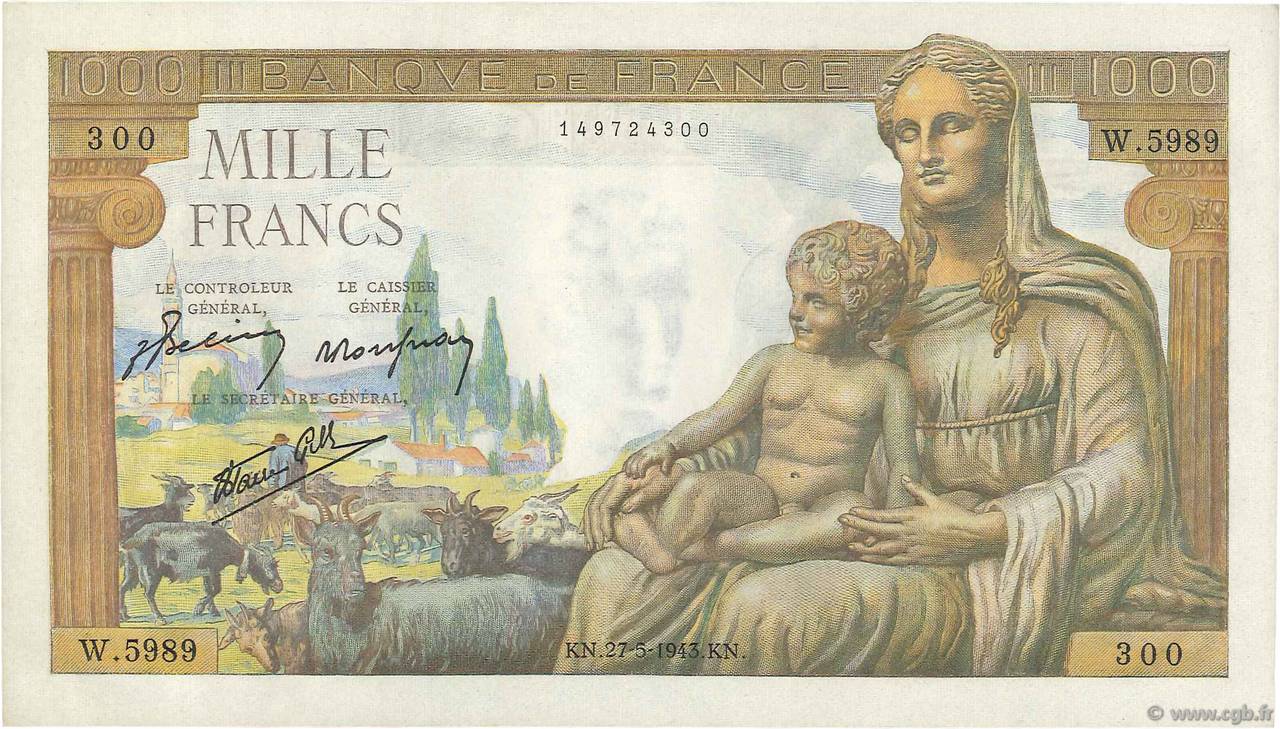 1000 Francs DÉESSE DÉMÉTER FRANCE  1943 F.40.25 UNC