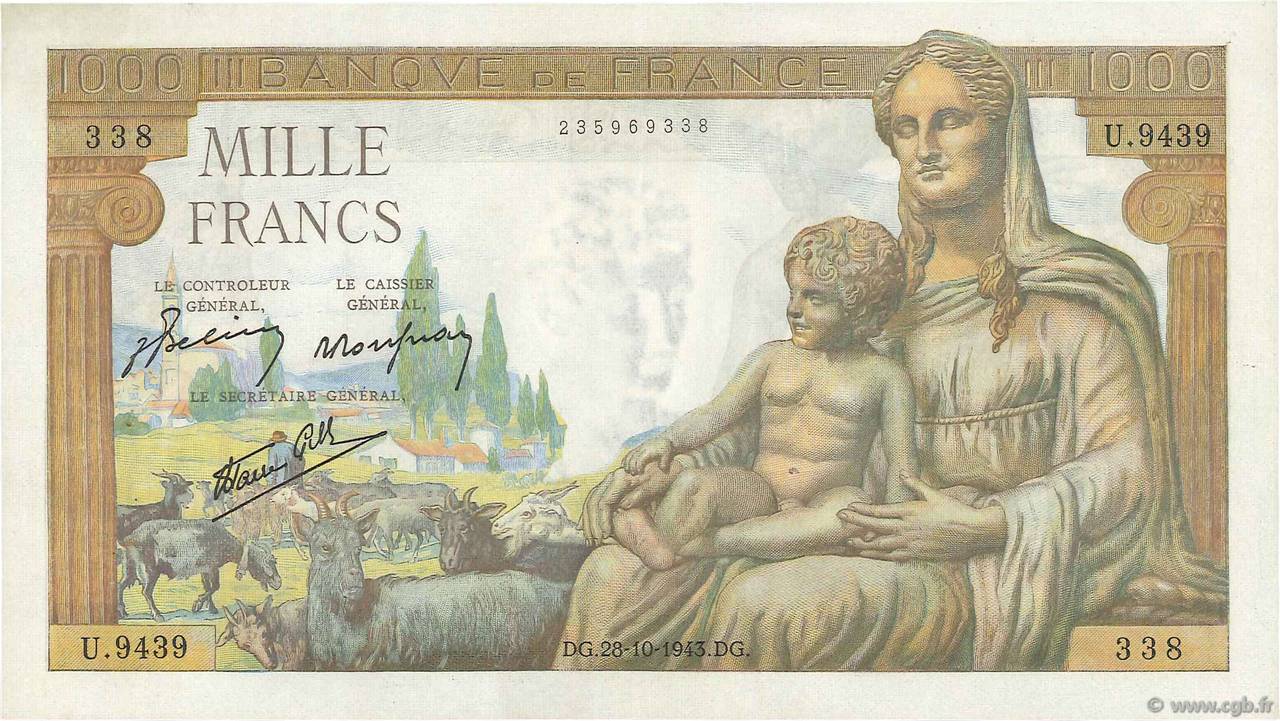 1000 Francs DÉESSE DÉMÉTER FRANCE  1943 F.40.38 XF