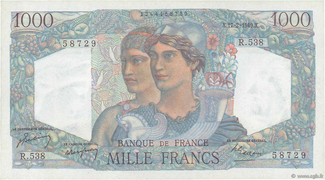 1000 Francs MINERVE ET HERCULE FRANCE  1949 F.41.25 UNC