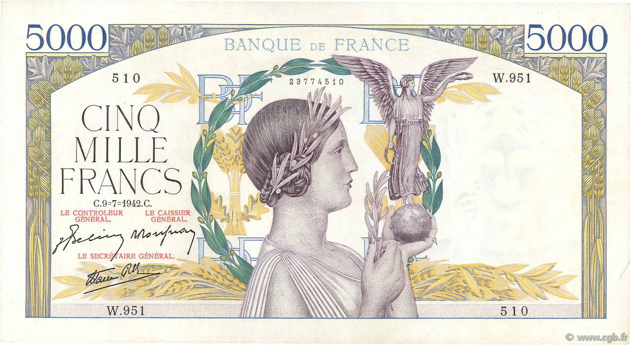 5000 Francs VICTOIRE Impression à plat FRANKREICH  1942 F.46.38 VZ+
