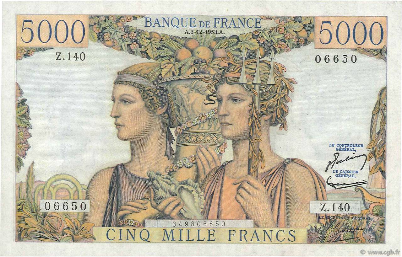 5000 Francs TERRE ET MER FRANCE  1953 F.48.10 UNC-