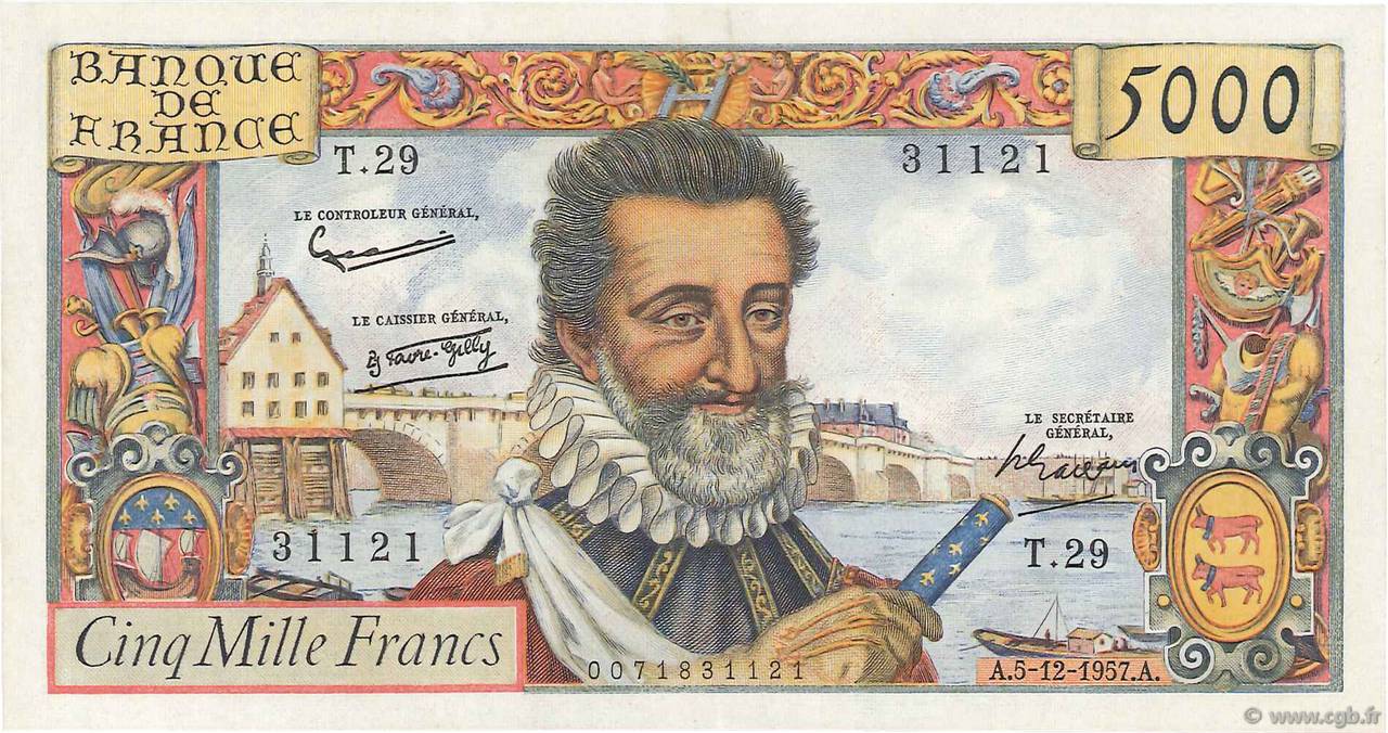 5000 Francs HENRI IV FRANCIA  1957 F.49.04 AU+