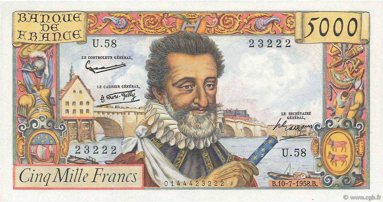 5000 Francs HENRI IV FRANCE  1958 F.49.07 UNC