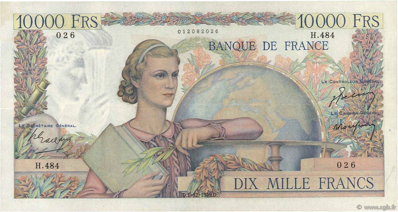 10000 Francs GÉNIE FRANÇAIS FRANCE  1949 F.50.21 VF