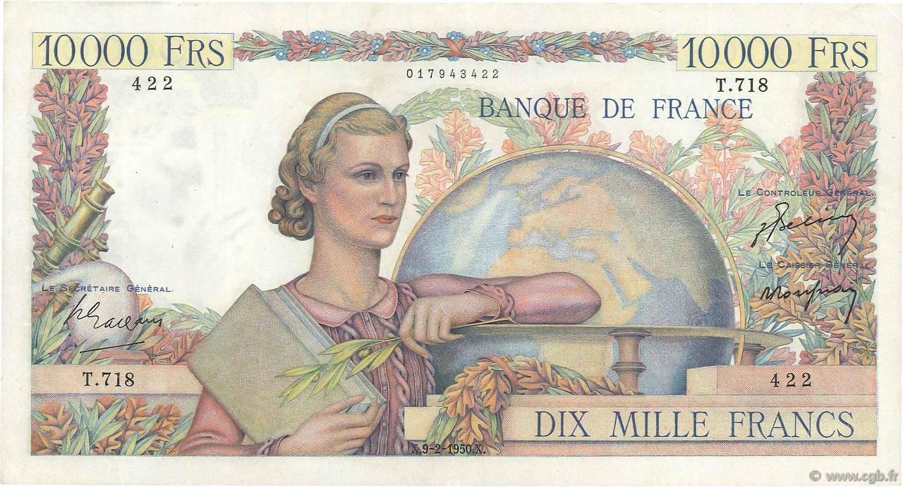 10000 Francs GÉNIE FRANÇAIS FRANCE  1950 F.50.30 VF+