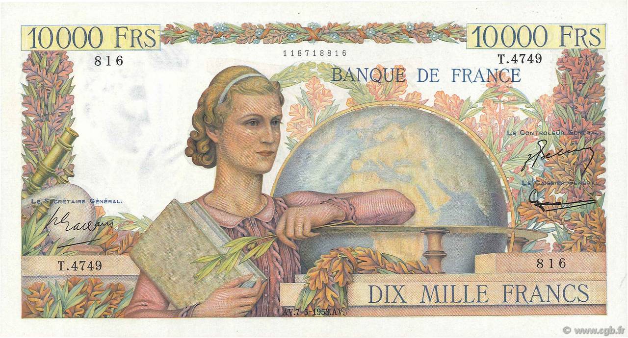 10000 Francs GÉNIE FRANÇAIS FRANCIA  1953 F.50.65 EBC+