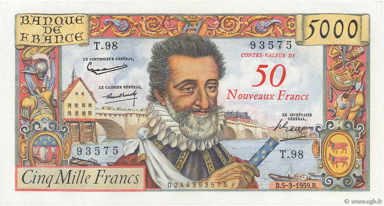 50 NF sur 5000 Francs HENRI IV FRANCE  1959 F.54.02 AU